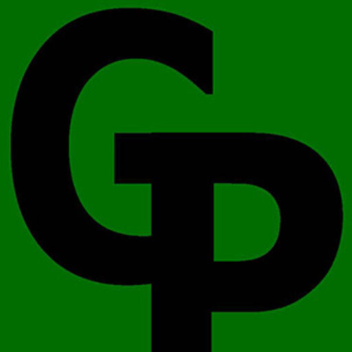 The letters G and P, interconnected, the G higher than the P